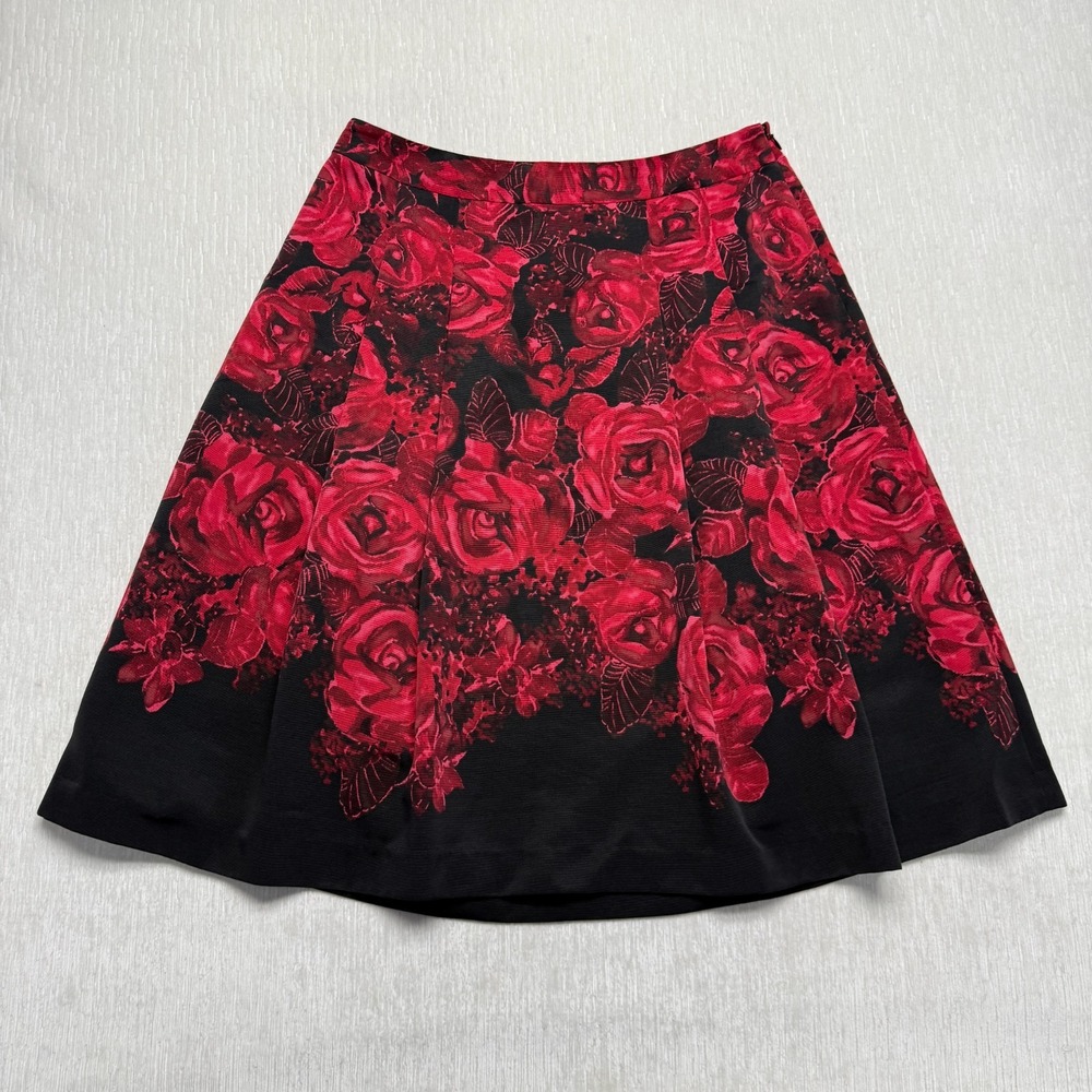 Talbots A-Line Dark Floral Skirt Pleated Black Red Lined Rose Print Size 10